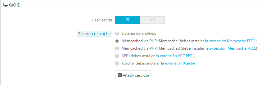 Configuración cache prestashop
